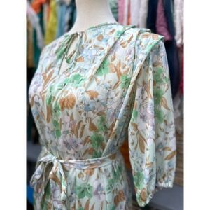 Vintage 70s 80s Floral Midi Dress Pastel Polyester Handmade Garden Party